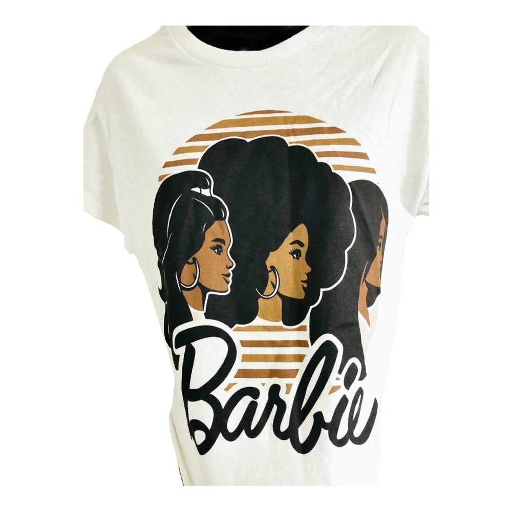 Beautiful black Barbie collage crop rolled hem off-white T-shirt size small new